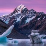 קרחונים כחולים צפים באגם הוקר (Hooker Lake) על רקע הפסגה המרשימה של הר קוק (Aoraki / Mount Cook) בזמן דמדומים. השמיים צבועים בגוון סגול עמוק וורוד, והקרחונים המפוסלים בולטים במים השקטים שלמרגלות האלפים הדרומיים.