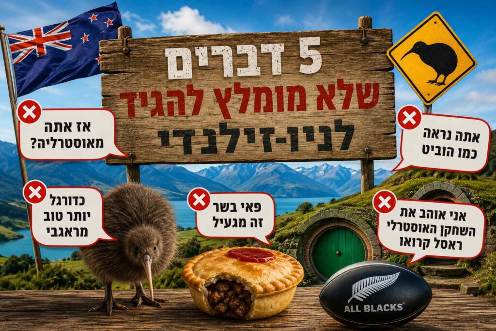 חמישה דברים שלא מומלץ להגיד לניו זילנדי – תמונה הומוריסטית עם קיווי, כדור ראגבי, פאי בשר, כפר הוביטים ונוף ניו זילנדי מרהיב.
