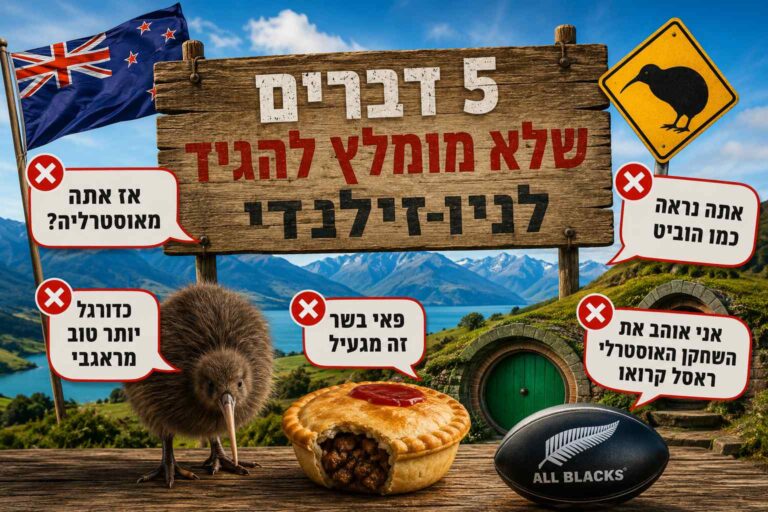 חמישה דברים שלא מומלץ להגיד לניו זילנדי – תמונה הומוריסטית עם קיווי, כדור ראגבי, פאי בשר, כפר הוביטים ונוף ניו זילנדי מרהיב.