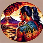 איור גרפי ססגוני ומפורט בסגנון טאטו מאורי, המציג דמות גברית עוצמתית עם קעקועי "מוקו" (Moko) מסורתיים על כתפו, המביט לעבר הר געש מתפרץ. האיור תחום בעיגל, וכולל אלמנטים של אש, גלי ים וצמחיית שרכים (Ponga) בגוונים עזים של כתום, אדום וכחול.