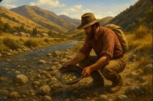 מחפש זהב כורע ליד נחל הררי בניו זילנד ובידו גרגרי זהב