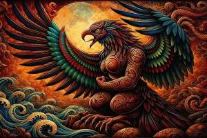 איור מאורי של עוף מיתולוגי בניו זילנד עם דוגמאות שבטיות וגלים