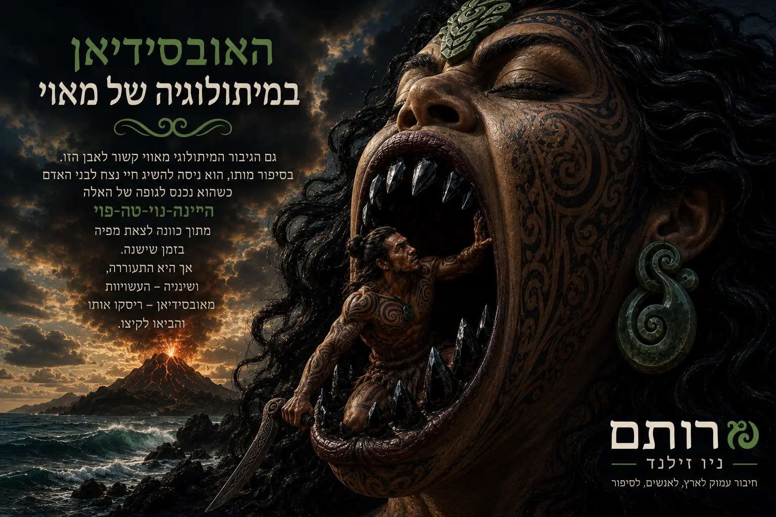 כרזה מעוצבת בעברית בשם "האובסידיאן במיתולוגיה של מאוי" של חברת "רותם ניו זילנד", המציגה את חצי-האל המאורי מאוי מנסה לצאת מפיה הפתוח של אלת המוות הינה-נוי-טה-פו, ששיניה עשויות מאבני אובסידיאן שחורות וחדות.