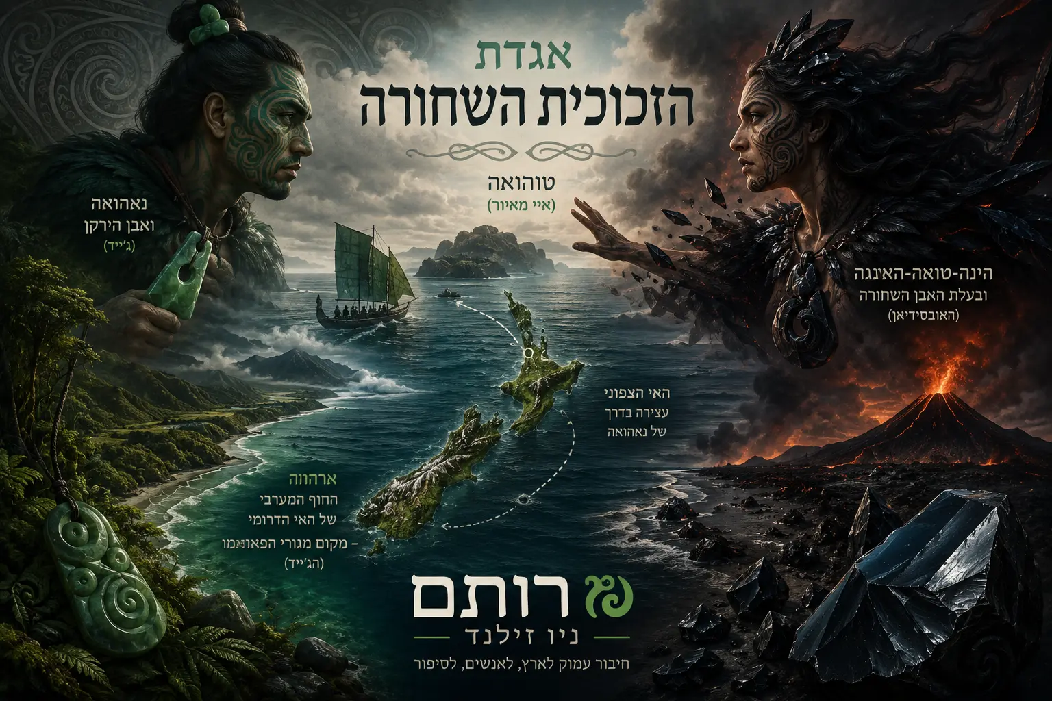 כרזה מעוצבת בעברית בשם "אגדת הזכוכית השחורה" של חברת "רותם ניו זילנד", המציגה מפה של ניו זילנד בין לוחם מאורי עם תליון ג'ייד ירוק לבין דמות נשית מיתולוגית מעל הר געש מתפרץ ואבני אובסידיאן שחורות.