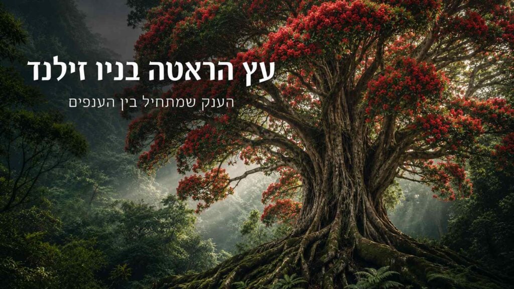 באנר אופקי ($Landscape$) מעוצב ככריכת מדריך דיגיטלי או תמונת נושא ראשית, הכולל כיתוב בעברית ושילוב תצלום טבע עוצמתי של עץ ראטה עתיק בניו זילנד. במרכז העליון משמאל מופיעה כותרת גדולה ובולטת בצבע לבן: "עץ הראטה בניו זילנד", ומתחתיה כותרת משנה: "הענק שמתחיל בין הענפים". בצד הימני המרכזי ניצב עץ הראטה ($Rātā\ tree$) המונומנטלי, בעל גזע רחב המורכב משורשי אוויר מסיביים, וצמרת ענקית, עגולה ומלאה בפרחים אדומים עזים. ברקע נפרש יער גשם עבות ומדרון הררי ירוק האפוף בערפל לבן ורך, כאשר קרני שמש עדינות חודרות מבעד לענפים.