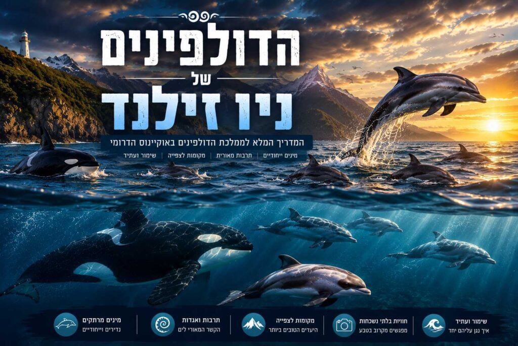אינפוגרפיקה פנורמית וקולנועית בעברית תחת הכותרת הגדולה "הדולפינים של ניו זילנד – המדריך המלא לממלכת הדולפינים באוקיינוס הדרומי". התמונה מציגה מבט חצוי מעל ומתחת לקו המים: בחלק העליון נראה דולפין קופץ באוויר מתוך הים לצד להקת דולפינים ולווייתן קטלן (אורקה) צף, על רקע שקיעה מוזהבת, הרים אלפיניים ומגדלור על צוק. בחלק התחתון, מתחת למים הכחולים והצלולים עם קרני אור, שוחים קטלן וקבוצת דולפינים מסוגים שונים. בתחתית מופיעים חמישה אייקונים עגולים עם פירוט נושאי המדריך (מינים, תרבות, מקומות לצפייה, חוויות ושימור).