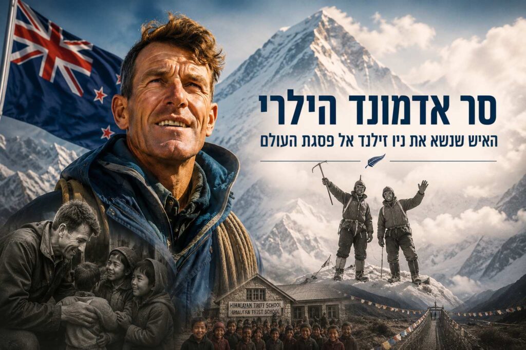 קולאז' תמונות ואיורים של סר אדמונד הילרי על רקע הר האוורסט המושלג, דגל ניו זילנד, מטפסים על הפסגה, וילדים מקומיים בבית הספר בנפאל.