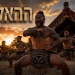 תצלום של קבוצת לוחמים מאוריים ללא חולצה, המעוטרים בקעקועי גוף ופנים (Ta Moko), מבצעים ריקוד האקה (Haka) בעמידה רחבה ושירבוב לשון מול בית כנסים מאורי (Wharenui) בשקיעה, עם הכיתוב המעוצב בעברית "ההאקה" בפינה השמאלית העליונה.