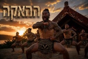 תצלום של קבוצת לוחמים מאוריים ללא חולצה, המעוטרים בקעקועי גוף ופנים (Ta Moko), מבצעים ריקוד האקה (Haka) בעמידה רחבה ושירבוב לשון מול בית כנסים מאורי (Wharenui) בשקיעה, עם הכיתוב המעוצב בעברית "ההאקה" בפינה השמאלית העליונה.