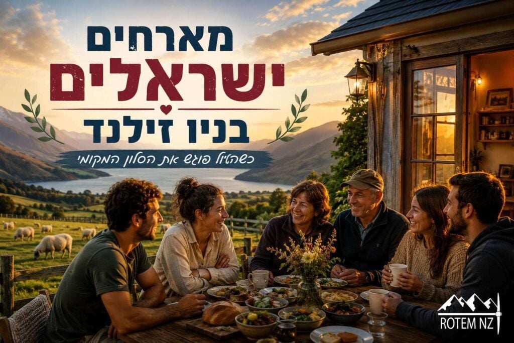אינפוגרפיקת נוף רחבה ופסטורלית בעברית, הנושאת את הכותרת המרכזית הגדולה: "מארחים ישראלים בניו זילנד" עם לב קטן במרכז, ותחתיה כותרת המשנה: "כשהטיול פוגש את הסלון המקומי". בחלק התחתון נראית קבוצה של שישה אנשים – ארבעה מטיילים צעירים וזוג מארחים מבוגרים – היושבים סביב שולחן אוכל מעץ ערוך מחוץ לבית חווה כפרי בשעת שקיעה מוזהבת. הם מחייכים, משוחחים וסועדים יחד באווירה חמה. ברקע משמאל נפרש נוף פראי של גבעות ירוקות עם כבשים רועות במרעה, אגם כחול רחב ידיים, ורכסי הרים רחוקים. בפינה הימנית התחתונה מופיע הלוגו הלבן של "ROTEM NZ".