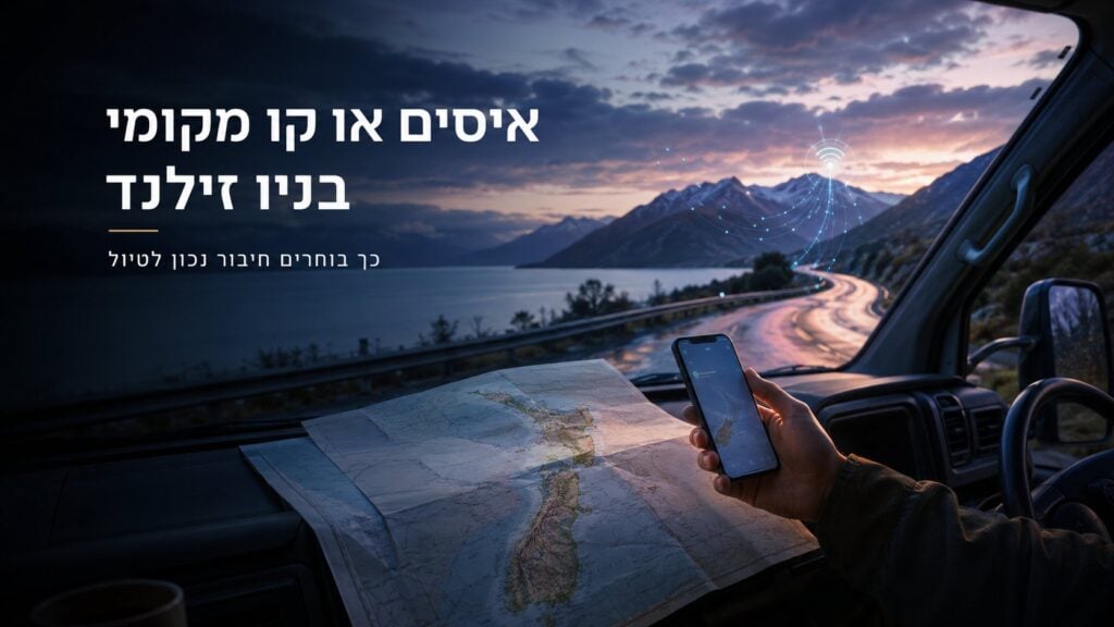 אינפוגרפיקה פנורמית וקולנועית בעברית מתוך נקודת מבט של נהג ברכב (מבט מהדשבורד), הנושאת את הכותרת המרכזית הגדולה: "איסים או קו מקומי בניו זילנד" ותחתיה כותרת המשנה: "כך בוחרים חיבור נכון לטיול". בחזית משמאל פרושה מפת דרכים מודפסת של ניו זילנד על הדשבורד, ומימין נראית יד האוחזת בטלפון חכם (Smartphone) המציג מפה דיגיטלית. מתוך הטלפון נשלחים קווי רשת דקים ונקודות אור כחולות לעבר אייקון תקשורת וקליטה (Wi-Fi/Cellular) הזוהר מעל כביש מתעקל ברקע. מבעד לשמשת הרכב נחשף נוף עוצר נשימה בשקיעה דרמטית של אגם רחב ידיים ורכסי הרים אלפיניים נישאים.