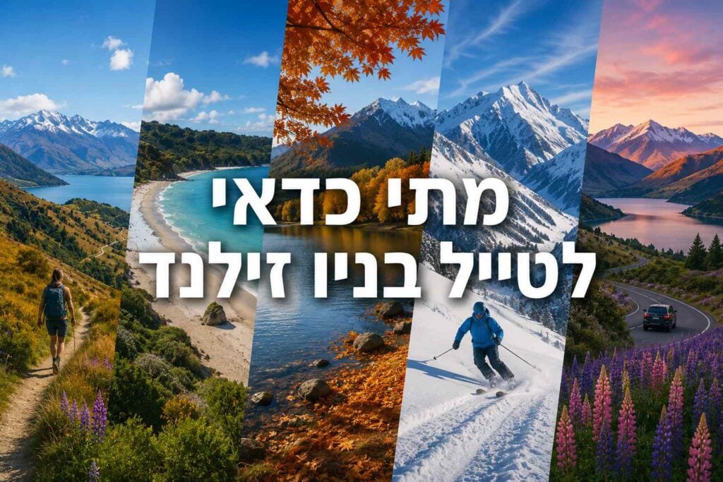 אינפוגרפיקה צבעונית המחולקת לחמישה פסים אנכיים המציגים את עונות השנה ומגוון הפעילויות בניו זילנד, עם הכיתוב הגדול והלבן במרכז: "מתי כדאי לטייל בניו זילנד". מימין לשמאל: מטיילת בטרק הררי פורח, חוף ים סובטרופי זהוב בקיץ, אגם רגוע המוקף בעצי שלכת מוזהבים בסתיו, גולש סקי במדרון מושלג בחורף, ומכונית נוסעת בכביש מפותל לצד שדות תורמוסים סגולים באביב.