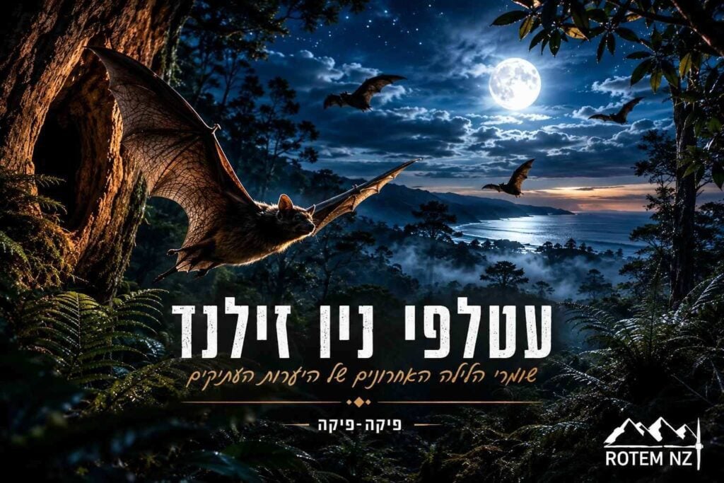 אינפוגרפיקת טבע פנורמית ודרמטית בעברית תחת הכותרת הגדולה "עטלפי ניו זילנד – שומרי הלילה האחרונים של היערות העתיקים", ותחתיה השם המאורי "פיקה-פיקה". בצד שמאל, בקדמת הפריים, נראה תקריב חד ומרהיב של עטלף זנב-ארוך ניו זילנדי (Long-tailed bat) במעוף חופשי, כנפיו קרומיות ופרושות לרווחה והוא יוצא מתוך נקר גדול בגזע עץ עתיק. הרקע חושף נוף לילי מהפנט של קו חוף, מפרץ אוקיינוס וגבעות מיוערות בערפל, הכל שטוף באור ירח מלא ועוצמתי השובר עננים בשמיים זרועי כוכבים. בפינה הימנית התחתונה מופיע הלוגו הלבן של "ROTEM NZ".