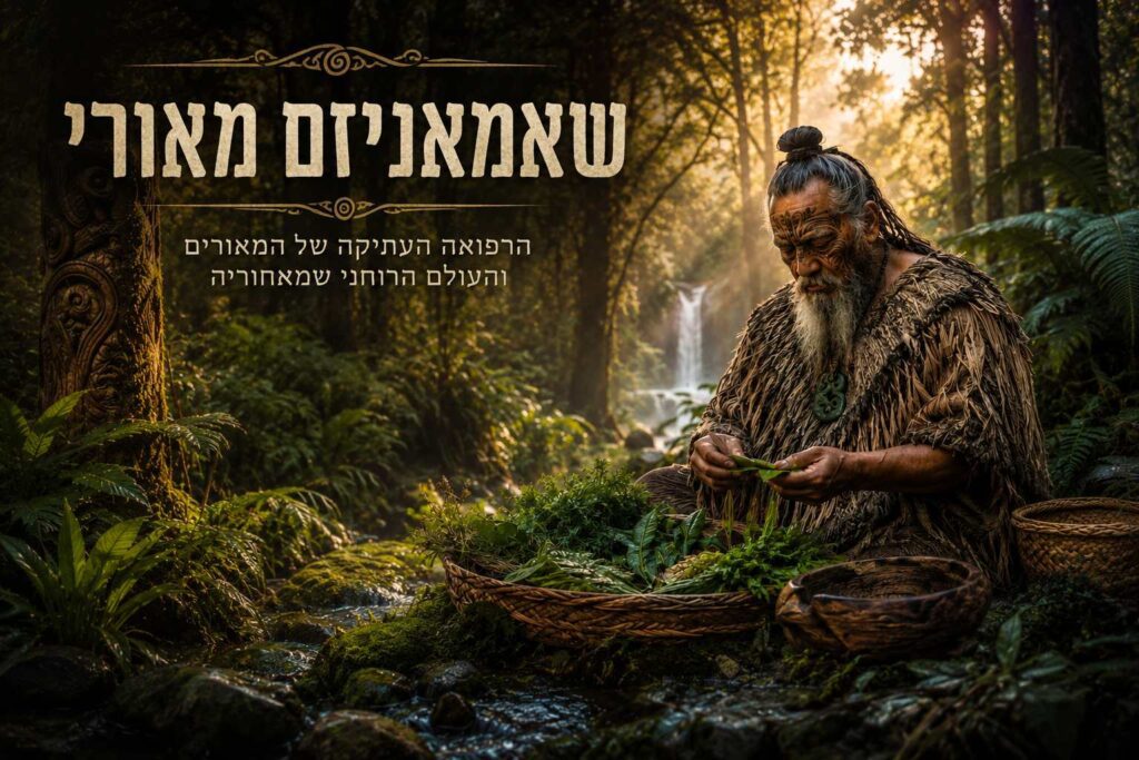 תצלום של זקן שבט מאורי עם קעקוע פנים (Ta Moko) וזקן לבן ארוך, יושב לצד נחל וממיין עלים ירוקים מתוך סל קש ביער גשם עבות מול מפל מים, עם הכיתוב המעוצב בעברית "שאמאניזם מאורי" וכותרת המשנה "הרפואה העתיקה של המאורים והעולם הרוחני שמאחוריה" בפינה השמאלית העליונה.