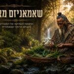 תצלום של זקן שבט מאורי עם קעקוע פנים (Ta Moko) וזקן לבן ארוך, יושב לצד נחל וממיין עלים ירוקים מתוך סל קש ביער גשם עבות מול מפל מים, עם הכיתוב המעוצב בעברית "שאמאניזם מאורי" וכותרת המשנה "הרפואה העתיקה של המאורים והעולם הרוחני שמאחוריה" בפינה השמאלית העליונה.