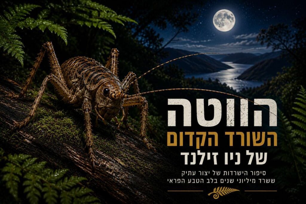 אינפוגרפיקת טבע פנורמית ודרמטית בעברית תחת הכותרת הגדולה "הווטה – השורד הקדום של ניו זילנד". התמונה מציגה תקריב עוצמתי של חרק ווטה ענק (Giant Weta) המטפס על גזע עץ מכוסה טחב ויער שרכים בשעות הלילה. הרקע חושף נוף הררי לילי מרהיב של מפרץ פיורד מנצנץ תחת אור ירח מלא ושמיים זרועי כוכבים. בתחתית מופיע כותרת משנה: "סיפור ההישרדות של יצור עתיק ששרד מיליוני שנים בלב הטבע הפראי", לצד סמל שרך כסוף קטן בזהב.