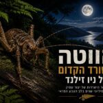 אינפוגרפיקת טבע פנורמית ודרמטית בעברית תחת הכותרת הגדולה "הווטה – השורד הקדום של ניו זילנד". התמונה מציגה תקריב עוצמתי של חרק ווטה ענק (Giant Weta) המטפס על גזע עץ מכוסה טחב ויער שרכים בשעות הלילה. הרקע חושף נוף הררי לילי מרהיב של מפרץ פיורד מנצנץ תחת אור ירח מלא ושמיים זרועי כוכבים. בתחתית מופיע כותרת משנה: "סיפור ההישרדות של יצור עתיק ששרד מיליוני שנים בלב הטבע הפראי", לצד סמל שרך כסוף קטן בזהב.