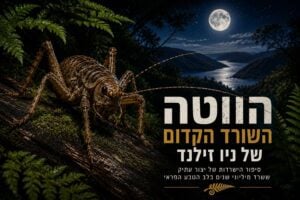 אינפוגרפיקת טבע פנורמית ודרמטית בעברית תחת הכותרת הגדולה "הווטה – השורד הקדום של ניו זילנד". התמונה מציגה תקריב עוצמתי של חרק ווטה ענק (Giant Weta) המטפס על גזע עץ מכוסה טחב ויער שרכים בשעות הלילה. הרקע חושף נוף הררי לילי מרהיב של מפרץ פיורד מנצנץ תחת אור ירח מלא ושמיים זרועי כוכבים. בתחתית מופיע כותרת משנה: "סיפור ההישרדות של יצור עתיק ששרד מיליוני שנים בלב הטבע הפראי", לצד סמל שרך כסוף קטן בזהב.