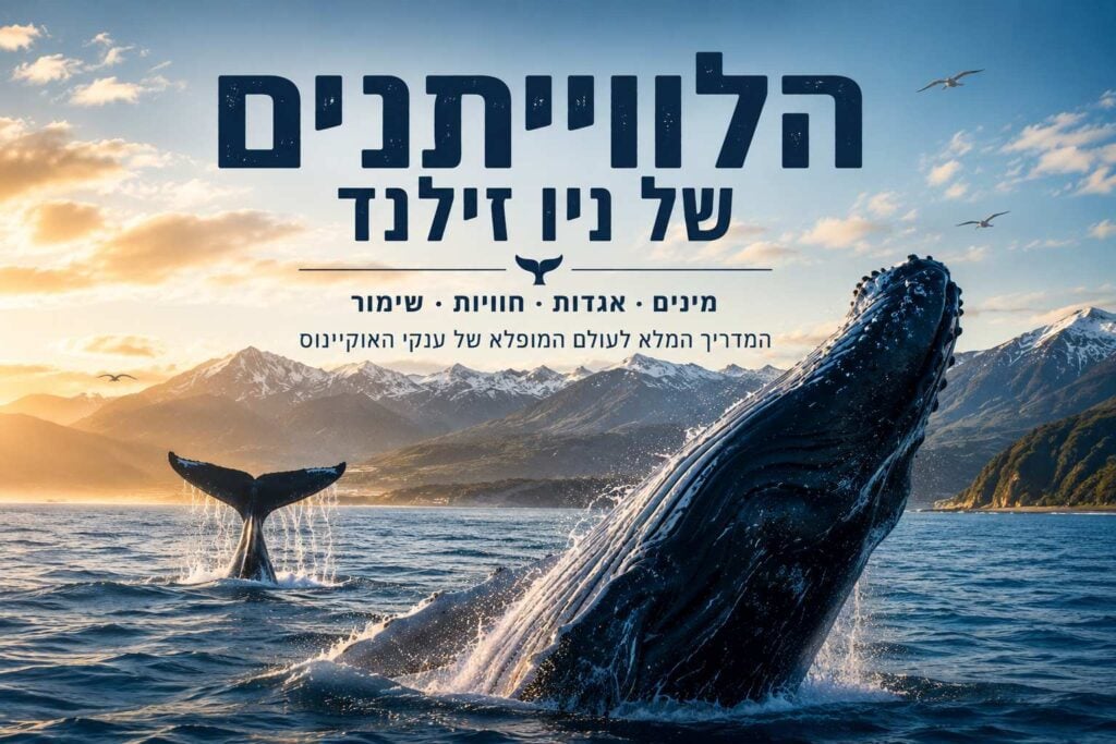 באנר אופקי ($Landscape$) מעוצב ככריכת מדריך דיגיטלי, הכולל כיתוב בעברית ושילוב תצלומי טבע דרמטיים של לווייתנים בניו זילנד. בחלק העליון מופיעה כותרת גדולה ובולטת בצבע כחול כהה: "הלווייתנים של ניו זילנד", ומתחתיה כותרת משנה: "מינים • אגדות • חוויות • שימור | המדריך המלא לעולם המופלא של ענקי האוקיינוס". בחלק התחתון הימני, לווייתן גדול סנפיר פורץ בעוצמה מתוך המים ($Breaching$) ומייצר נתזי מים רבים. משמאל, זנב לווייתן מורם באוויר רגע לפני צלילה, וממנו ניגרים קילוחים עדינים. ברקע נפרש רכס הרים גבוה ומושלג (רכס קאיקורה) תחת שמיים בהירים עם עננים רכים בשעת הזהב וציפורי ים מעופפות.