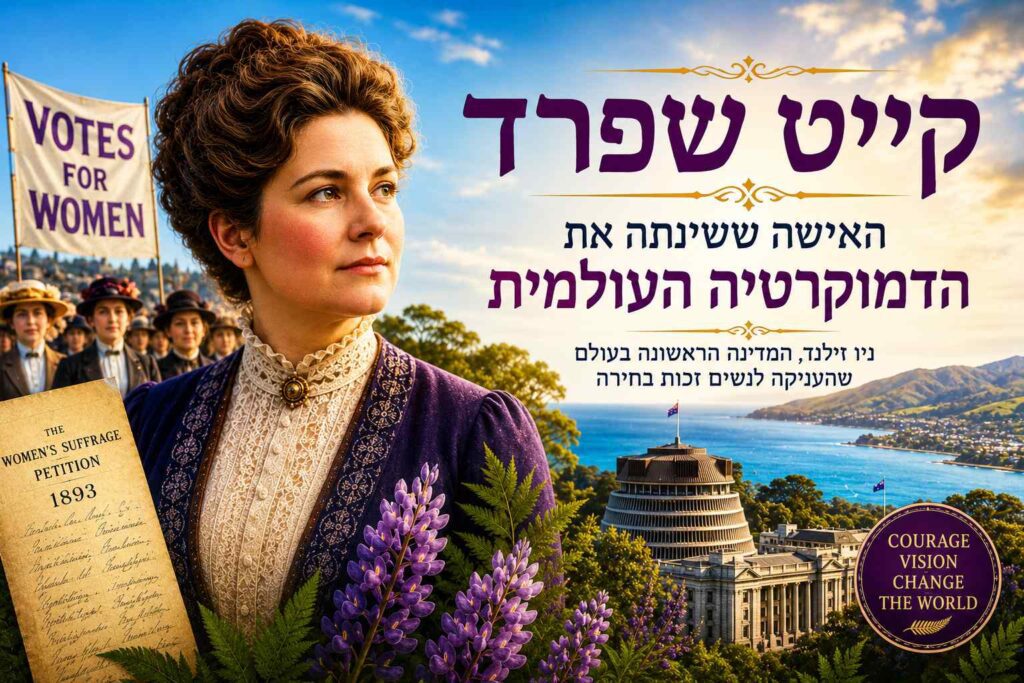 תמונת שער (Banner) אופקית, מעוצבת ומקצועית בעלת כותרות גדולות בעברית, המוקדשת לקייט שפרד. בצד שמאל קדמי, דמותה של קייט שפרד לבושה בג'קט סגול-כחול מחויט מעל חולצת תחרה גבוהה, כשהיא מביטה בנחישות בפרופיל צד ימין. לפניה פורחים פרחי תורמוס (Lupins) ושרכים סגולים, והיא אוחזת במסמך היסטורי בשם "THE WOMEN'S SUFFRAGE PETITION - 1893". מאחוריה נראית קבוצת נשים צועדת ומניפה שלט לבן: "VOTES FOR WOMEN". בצד ימין מופיע כיתוב מעוצב וגדול בעברית בסגול ושחור: "קייט שפרד – האישה ששינתה את הדמוקרטיה העולמית", ותחתיו כותרת המשנה: "ניו זילנד, המדינה הראשונה בעולם שהעניקה לנשים זכות בחירה". ברקע מימין נראה בניין הפרלמנט בוולינגטון (The Beehive) המשקיף על מפרץ ים כחול והרים, ובפינה התחתונה חותמת מוזהבת עגולה: "COURAGE, VISION, CHANGE THE WORLD".
