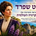 תמונת שער (Banner) אופקית, מעוצבת ומקצועית בעלת כותרות גדולות בעברית, המוקדשת לקייט שפרד. בצד שמאל קדמי, דמותה של קייט שפרד לבושה בג'קט סגול-כחול מחויט מעל חולצת תחרה גבוהה, כשהיא מביטה בנחישות בפרופיל צד ימין. לפניה פורחים פרחי תורמוס (Lupins) ושרכים סגולים, והיא אוחזת במסמך היסטורי בשם "THE WOMEN'S SUFFRAGE PETITION - 1893". מאחוריה נראית קבוצת נשים צועדת ומניפה שלט לבן: "VOTES FOR WOMEN". בצד ימין מופיע כיתוב מעוצב וגדול בעברית בסגול ושחור: "קייט שפרד – האישה ששינתה את הדמוקרטיה העולמית", ותחתיו כותרת המשנה: "ניו זילנד, המדינה הראשונה בעולם שהעניקה לנשים זכות בחירה". ברקע מימין נראה בניין הפרלמנט בוולינגטון (The Beehive) המשקיף על מפרץ ים כחול והרים, ובפינה התחתונה חותמת מוזהבת עגולה: "COURAGE, VISION, CHANGE THE WORLD".