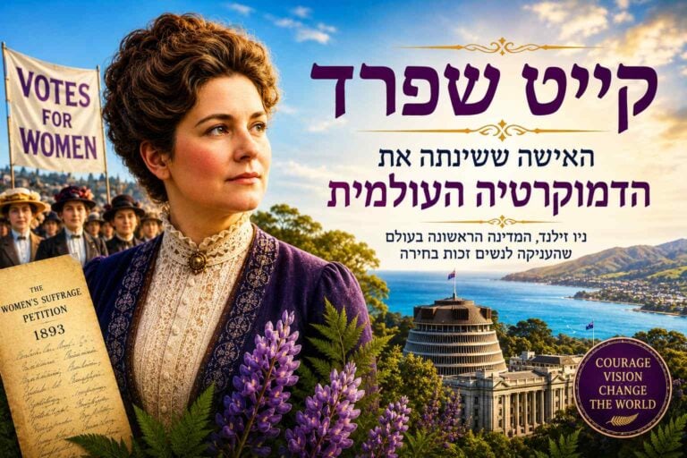 תמונת שער (Banner) אופקית, מעוצבת ומקצועית בעלת כותרות גדולות בעברית, המוקדשת לקייט שפרד. בצד שמאל קדמי, דמותה של קייט שפרד לבושה בג'קט סגול-כחול מחויט מעל חולצת תחרה גבוהה, כשהיא מביטה בנחישות בפרופיל צד ימין. לפניה פורחים פרחי תורמוס (Lupins) ושרכים סגולים, והיא אוחזת במסמך היסטורי בשם "THE WOMEN'S SUFFRAGE PETITION - 1893". מאחוריה נראית קבוצת נשים צועדת ומניפה שלט לבן: "VOTES FOR WOMEN". בצד ימין מופיע כיתוב מעוצב וגדול בעברית בסגול ושחור: "קייט שפרד – האישה ששינתה את הדמוקרטיה העולמית", ותחתיו כותרת המשנה: "ניו זילנד, המדינה הראשונה בעולם שהעניקה לנשים זכות בחירה". ברקע מימין נראה בניין הפרלמנט בוולינגטון (The Beehive) המשקיף על מפרץ ים כחול והרים, ובפינה התחתונה חותמת מוזהבת עגולה: "COURAGE, VISION, CHANGE THE WORLD".