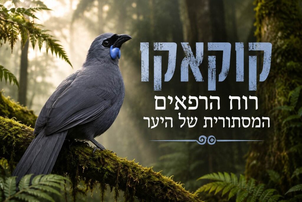 באנר אופקי ($Landscape$) מעוצב ככריכת מדריך דיגיטלי או תמונת נושא ראשית, הכולל כיתוב בעברית ושילוב תצלום טבע עוצמתי של ציפור הקוקאקו של האי הצפוני בניו זילנד. בצד השמאלי המרכזי, ציפור הקוקאקו ($North\ Island\ Kōkako$) עומדת בפרופיל ימינה על ענף עץ עבה ומכוסה טחב ירוק. לציפור נוצות אפורות-כחולות חלקות, מסכה שחורה סביב העיניים, ודלדולי עור בולטים בצבע כחול בהיר ועז בתחתית מקורה השחור. בצד הימני מופיעה כותרת גדולה ובולטת בגוון תכלת: "קוקאקו", ומתחתיה כותרת משנה בלבן: "רוח הרפאים המסתורית של היער". ברקע נפרש יער גשם עבות ועמוק האפוף בערפל רך, כאשר קרני שמש עדינות חודרות מבעד לצמרות העצים משמאל למעלה.