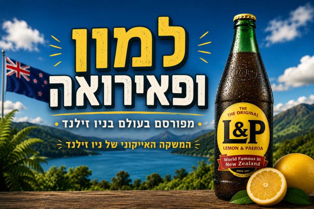 תמונת שער (Banner) אופקית, מעוצבת ומקצועית בעלת כותרות בעברית, המוקדשת למשקה הלאומי הניו זילנדי L&P. בצד ימין, על גבי משטח עץ כפרי, ניצב בקבוק זכוכית חום וקר מכוסה בטיפות מים צוננות, עם צוואר ירוק ופקק מתכת צהוב. לבקבוק תווית צהובה עגולה עם לוגו המותג "L&P", ולצדו מונחים לימון שלם וחצי לימון פרוס. בצד שמאל מופיע כיתוב מעוצב וגדול בעברית: "למון ופאירואה" בגוני צהוב ולבן, ותחתיו כותרות המשנה: "מפורסם בעולם בניו זילנד" ו-"המשקה האייקוני של ניו זילנד". הרקע מציג נוף פנורמי מרהיב של פיורד או אגם כחול המוקף בהרים ירוקים, עם שרך מקומי משמאל ודגל ניו זילנד מתנופף תחת שמיים כחולים.