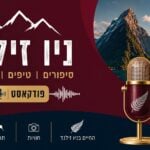 באנר תדמיתי אופקי ומרהיב לפודקאסט ניו זילנד. בצד ימין מוצג מיקרופון זהוב ומעוצב המעוטר באיור של עלה שרך כסף ניו-זילנדי, העומד על רקע נוף דרמטי ואייקוני של מילפורד סאונד והר מיטרה פילט מול מי הפיורד והשמיים. בצד שמאל, על רקע אדום-בורדו עמוק, מופיעה כותרת גדולה בלבן: "ניו זילנד" מתחת לאיור רכס הרים מושלגים, ומתחתיה תת-כותרת בזהב: "סיפורים, טיפים, השראה". במרכז מופיע תג מוזהב עם המילה "פודקאסט" וגלי קול. בתחתית הבאנר, על רקע כחול-כהה, מופיעים ארבעה אמוג'ים ואייקונים עם כיתובים: טיולים, תרבות, חוויות והחיים בניו זילנד, לצד לוגו רותם ניו זילנד.