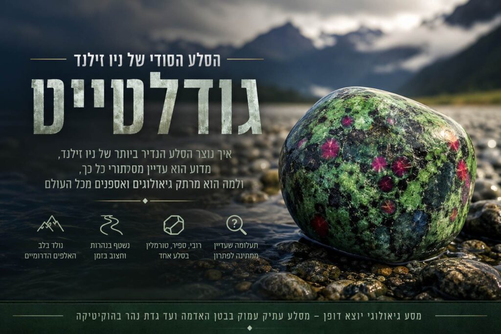 באנר אופקי מעוצב ואינפורמטיבי בעברית, המשמש כראש כתבה או כרזת מידע גיאולוגית, המתמקד בסלע נדיר וצבעוני על רקע נוף פראי. בצד ימין מונח סלע גדול, עגול וחלק מסוג גודלטייט, המתאפיין במרקם מנוקד מרהיב בגוני ירוק עז, שחור, ונקודות בולטות בצבע ורוד-ארגמן עמוק. הסלע מונח על גדת נהר מכוסה חלוקי נחל רטובים. בצד שמאל מופיע כיתוב גדול ובולט בעברית: "הסלע הסודי של ניו זילנד" ובאותיות ענק מחוספסות "גודלטייט". מתחת לכותרת מופיעה פסקת הסבר קצרה, ומתחתיה ארבעה אייקונים גרפיים עם טקסט קצר: סימן שאלה תחתיו כתוב "תעלומה שעדיין ממתינה לפתרון", קריסטל תחתיו כתוב "רובי ספיר טורמלין בסלע אחד", נהר מפותל תחתיו כתוב "נשטף בנהרות וחצוב בזמן", והרים תחתיהם כתוב "נולד בלב האלפים הדרומיים". בתחתית הכרזה מופיע פס ירוק כהה עם כיתוב לבן: "מסע גיאולוגי יוצא דופן – מסע עתיק עמוק בבטן האדמה ועד גדת נהר בהוקיטיקה". ברקע מטושטש נראים רכסי הרים מושלגים ואגם תחת שמיים מעוננים.