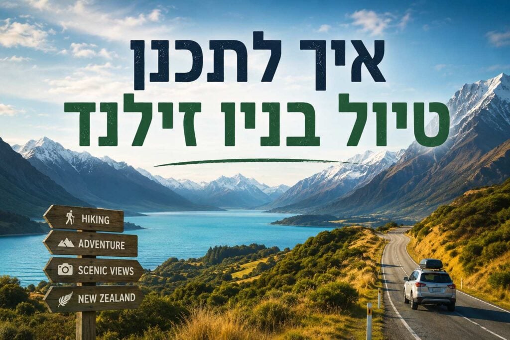 תמונת שער (Banner) אופקית, מעוצבת ומקצועית בעלת כותרת מרכזית גדולה בעברית: "איך לתכנן טיול בניו זילנד" (השורה הראשונה בכחול כהה והשנייה בירוק). בחלק התחתון של הפריים נראה כביש אספלט מפותל ופתוח המשקיף על אגם טורקיז עצום המוקף ברכסי הרים מושלגים וגבעות ירוקות. בנתיב הימני של הכביש נוסע רכב פנאי (SUV) לבן עם צילנדר חפצים על הגג. בצד שמאל קדמי של הפריים ניצב שלט חצים מעץ כפרי בסגנון שמורות טבע, המציג ארבעה חצים עם כיתוב באנגלית ואייקונים לבנים: "HIKING", "ADVENTURE", "SCENIC VIEWS" ו-"NEW ZEALAND" לצד איור של עלה שרך. השמיים מעל בהירים עם עננות קלה ואור יום נעים.