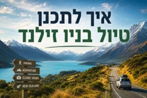 תמונת שער (Banner) אופקית, מעוצבת ומקצועית בעלת כותרת מרכזית גדולה בעברית: "איך לתכנן טיול בניו זילנד" (השורה הראשונה בכחול כהה והשנייה בירוק). בחלק התחתון של הפריים נראה כביש אספלט מפותל ופתוח המשקיף על אגם טורקיז עצום המוקף ברכסי הרים מושלגים וגבעות ירוקות. בנתיב הימני של הכביש נוסע רכב פנאי (SUV) לבן עם צילנדר חפצים על הגג. בצד שמאל קדמי של הפריים ניצב שלט חצים מעץ כפרי בסגנון שמורות טבע, המציג ארבעה חצים עם כיתוב באנגלית ואייקונים לבנים: "HIKING", "ADVENTURE", "SCENIC VIEWS" ו-"NEW ZEALAND" לצד איור של עלה שרך. השמיים מעל בהירים עם עננות קלה ואור יום נעים.