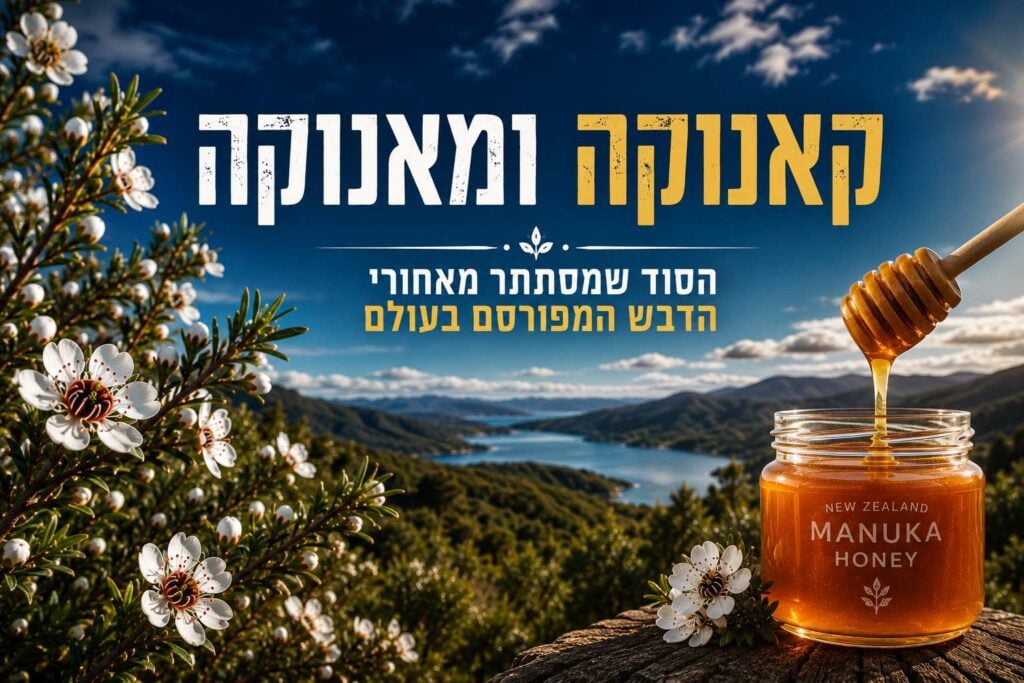 באנר אופקי מעוצב ככריכת מדריך דיגיטלי או תמונת נושא ראשית, הכולל כיתוב בעברית ושילוב נוף פראי של ניו זילנד עם צנצנת דבש. בחלק העליון מופיעה כותרת גדולה ובולטת: "קאנוקה ומאנוקה", כאשר המילה קאנוקה בצבע לבן והמילה מאנוקה בצבע צהוב-זהב. מתחתיה מופיעה כותרת משנה: "הסוד שמסתתר מאחורי הדבש המפורסם בעולם". בצד שמאל בחזית ניצב שיח עם פרחים קטנים ולבנים בעלי מרכז כהה. בצד ימין בחזית, על גבי בול עץ, מונחת צנצנת זכוכית מלאה בדבש זהוב וענברי שעליה כיתוב לבן, ומקל דבש מעץ נטבל לתוכה ומזיל חוט דבש סמיך. ברקע נפרש נוף מרהיב של גבעות ירוקות, עמק עם אגם כחול רחב וימת מים תחת שמיים כחולים עם עננים קלים המוצפים באור שמש.