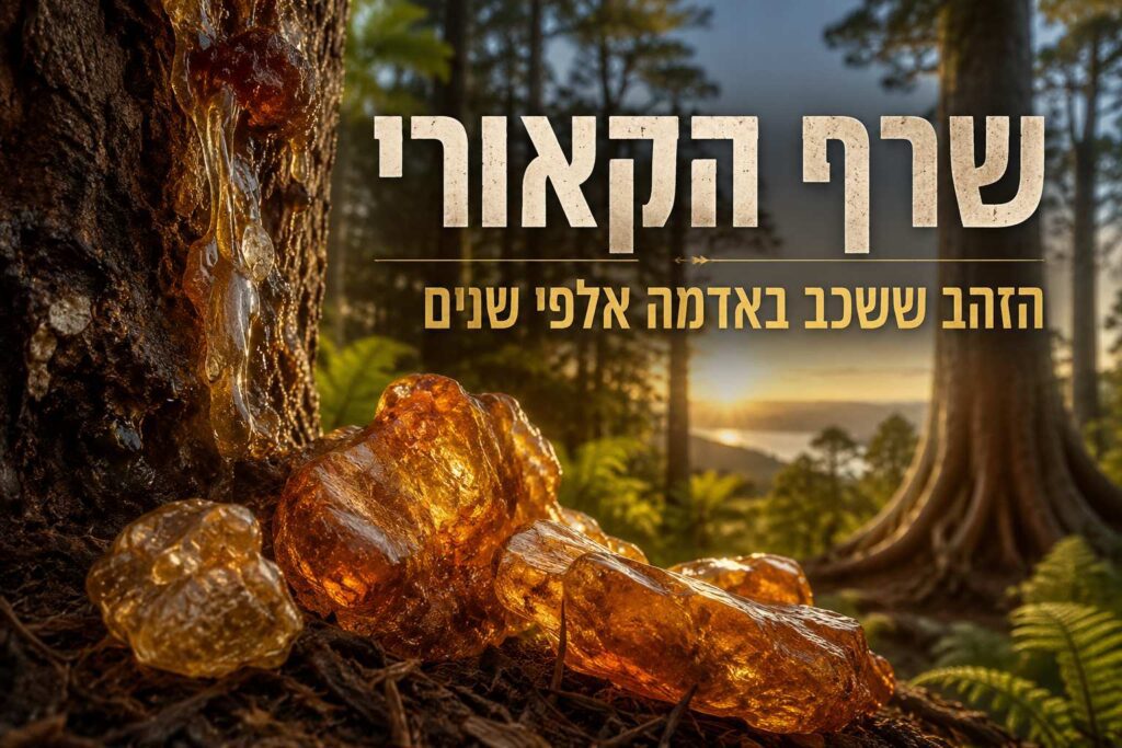 באנר אופקי מעוצב ואינפורמטיבי בעברית, המשמש כראש כתבה שיווקי או כרזת מידע תיירותית, המתמקד באוצר הטבע של עצי הקאורי הענקיים בניו זילנד. בחזית הפריים, למרגלות גזע עץ עתיק וכהה, מונחים גושים גדולים וגולמיים של שרף קאורי מאובן הזוהר בצבע זהב, צהוב וחום דבש שקוף תחת אור השמש. על גזע העץ משמאל נראות טיפות שרף נוזליות וטריות הזולגות מטה ברכות. בצד ימין למעלה מופיע כיתוב גדול ובולט בעברית באותיות בהירות ומחוספסות: "שרף הקאורי", ומתחתיו כותרת משנה מוזהבת: "הזהב ששכב באדמה אלפי שנים". ברקע היער נראה גזע ענק ותמיר של עץ קאורי אייקוני עם שרכים ירוקים, כאשר ברקע הרחוק נחשף אגם פסטורלי בזמן שקיעה חמימה ומוזהבת החודרת מבעד לחופת העצים.