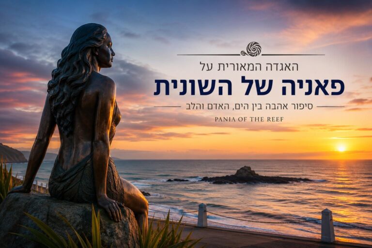 תצלום אופקי מרהיב ומלא קסם בשעת השקיעה המציג את פסל הברונזה של פאניה של השונית בנפייר. בצד שמאל נראה פסל הדמות המאורית עם שיער ארוך וגלי היושבת על סלע ומביטה לעבר הים. במרכז הפריים ובצדו הימני מופיע האוקיינוס הרחב עם שונית סלעית במרחק, תחת שמי שקיעה מרהיבים בגווני כתום, זהב וורוד. במרכז התמונה משולבות הכותרות: האגדה המאורית על פאניה של השונית, סיפור אהבה בין הים, האדם והלב.