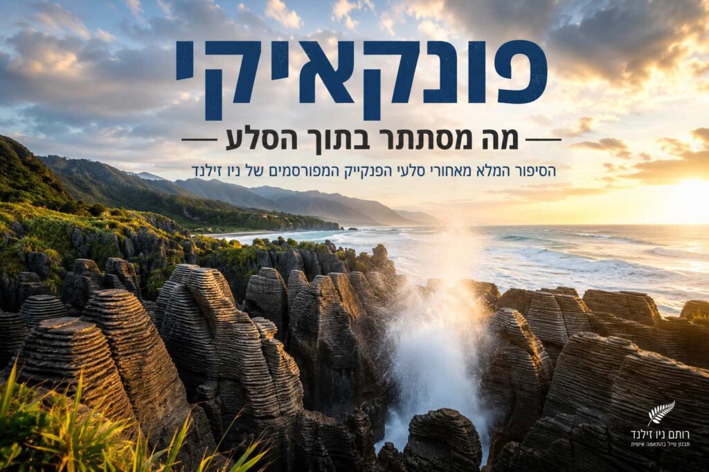 באנר אופקי מעוצב ואינפורמטיבי בעברית, המשמש כראש כתבה שיווקי או כרזת מידע תיירותית, המתמקד בתופעת הטבע המפורסמת של סלעי הפנקייק בפונקאיקי שבאי הדרומי של ניו זילנד. בחזית הפריים נראים צוקי סלעי גיר מרהיבים הבנויים משכבות אופקיות ודקות המזכירות ערימות פנקייק, כאשר בין הסלעים מתפרץ סילון מים עצום ולבן מתוך חור נשיפה ימי, היוצר רסס רב המואר באור שמש זהוב. בצד שמאל למטה נראים שרכים וצמחייה ירוקה ועבותה המכסה את קו החוף. בחלק העליון מופיע כיתוב גדול ובולט בעברית בצבע כחול כהה: "פונקאיקי", מתחתיו כותרת משנה כהה: "מה מסתתר בתוך הסלע" ומתחתיה משפט הסבר נוסף: "הסיפור המלא מאחורי סלעי הפנקייק המפורסמים של ניו זילנד". ברקע נראים קו החוף המתפתל, גלי הים המתנפצים, רכסי הרים ירוקים ונישאים האפופים בעננים רכים, ושמש זורחת או שוקעת המציפה את האופק באור חם. בצד ימין למטה משולב הלוגו של המותג רותם ניו זילנד עם סמל עלה שרך הכסף והכיתוב: "רותם ניו זילנד תכנון טיול בהתאמה אישית".