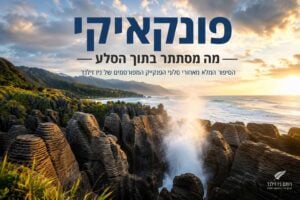 באנר אופקי מעוצב ואינפורמטיבי בעברית, המשמש כראש כתבה שיווקי או כרזת מידע תיירותית, המתמקד בתופעת הטבע המפורסמת של סלעי הפנקייק בפונקאיקי שבאי הדרומי של ניו זילנד. בחזית הפריים נראים צוקי סלעי גיר מרהיבים הבנויים משכבות אופקיות ודקות המזכירות ערימות פנקייק, כאשר בין הסלעים מתפרץ סילון מים עצום ולבן מתוך חור נשיפה ימי, היוצר רסס רב המואר באור שמש זהוב. בצד שמאל למטה נראים שרכים וצמחייה ירוקה ועבותה המכסה את קו החוף. בחלק העליון מופיע כיתוב גדול ובולט בעברית בצבע כחול כהה: "פונקאיקי", מתחתיו כותרת משנה כהה: "מה מסתתר בתוך הסלע" ומתחתיה משפט הסבר נוסף: "הסיפור המלא מאחורי סלעי הפנקייק המפורסמים של ניו זילנד". ברקע נראים קו החוף המתפתל, גלי הים המתנפצים, רכסי הרים ירוקים ונישאים האפופים בעננים רכים, ושמש זורחת או שוקעת המציפה את האופק באור חם. בצד ימין למטה משולב הלוגו של המותג רותם ניו זילנד עם סמל עלה שרך הכסף והכיתוב: "רותם ניו זילנד תכנון טיול בהתאמה אישית".