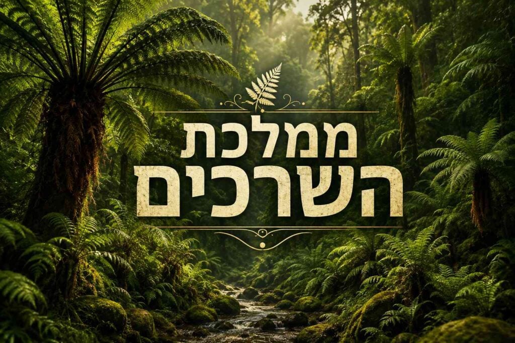 באנר אופקי מעוצב כתמונת נושא ראשית או כריכה למדריך דיגיטלי, הכולל כיתוב בולט בעברית על רקע יער גשם פרהיסטורי וסבוך בניו זילנד. במרכז הפריים מופיעה כותרת גדולה ומעוצבת בגוון בז' בהיר עם מרקם מחוספס: "ממלכת השרכים". מעל המילה ממלכה משולב איור עדין של עלה שרך כסוף אייקוני עם עיטורים קלאסיים דקים, ומתחת למילה השרכים מופיע קו עיטור מעוגל. הרקע מציג יער שרכים עבות, עשיר וירוק במיוחד, המאוכלס בשרכי עץ ענקיים דמויי דקל. בחלק התחתון זורם נחל מים צלול וקטן בין סלעים מכוסי טחב ירוק, כאשר קרני שמש רכות חודרות מבעד לחופת העצים העליונה ומאירות את מעמקי היער באור זהוב וקסום.