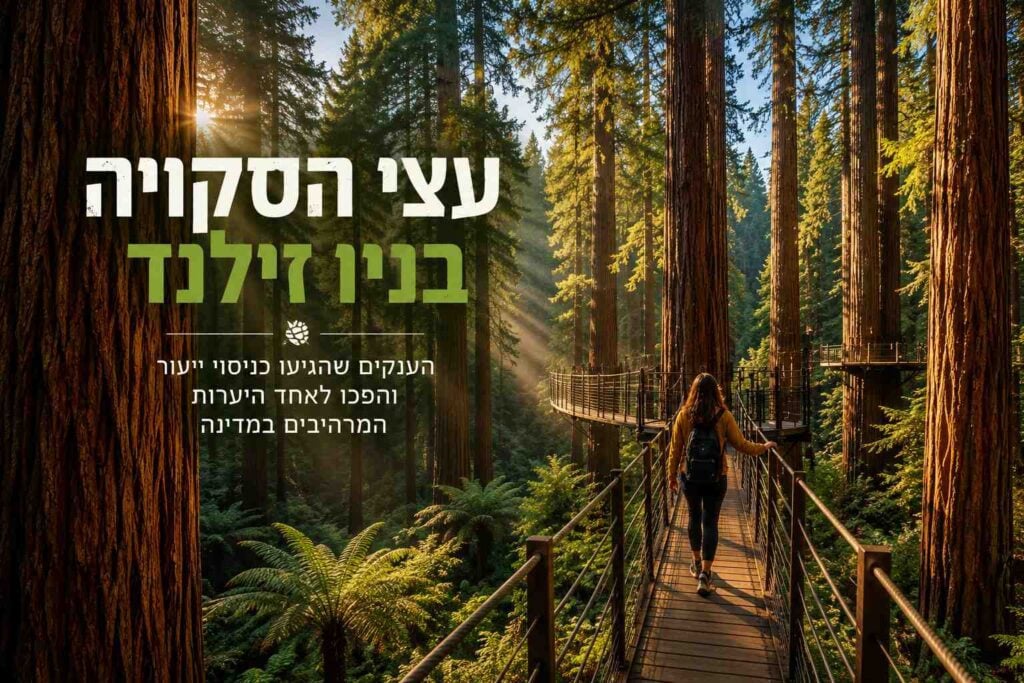 באנר אופקי מעוצב כתמונת נושא ראשית או כריכה למדריך דיגיטלי, הכולל כיתוב בולט בעברית על רקע יער עצי סקויה ענקיים ותמירים בניו זילנד. בחלק השמאלי העליון מופיעה כותרת גדולה בשתי שורות: "עצי הסקויה" בגוון לבן מחוספס, ומתחתיה "בניו זילנד" בגוון ירוק בהיר. מתחת לכותרת מופיע איור קטן של אצטרובל וכיתוב משני: "הענקים שהגיעו כניסוי ייעור והפכו לאחד היערות המרהיבים במדינה". הרקע מציג מטיילת עם תרמיל גב ההולכת על גשר חבלים תלוי מעץ ומתכת המתוח בין הגזעים העבותים בגובה חופת היער. בין הגזעים החומים והגבוהים צומחים שרכים ירוקים, וקרני שמש זהובות וחמימות חודרות מבעד לעצים, ומאירות את המסלול באור אחרון ורך.
