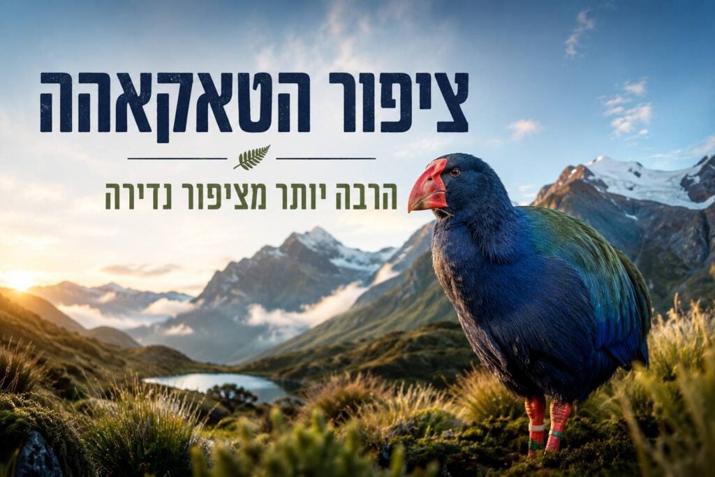 תמונת שער (Banner) אופקית, מעוצבת ומקצועית בעלת כותרות בעברית, המוקדשת לציפור הטאקאהה הניו זילנדית. בצד ימין, ציפור טאקאהה גדולה ומרשימה ניצבת בפרופיל צד שמאל על גבעה מכוסה צמחיית הרים אלפינית. הציפור מציגה נוצות בגוני כחול אינדיגו עמוק בחלק הקדמי, גב וירוק מטאלי בכנפיים, ומקור מסיבי ורחב בצבע אדום עז. בצד שמאל, על רקע שמיים בהירים ואור שקיעה זהוב ורך, מופיע כיתוב מעוצב וגדול בעברית בצבע כחול כהה: "ציפור הטקאאהה", ותחתיו קו הפרדה דק עם איור של עלה שרך (Silver Fern) וכותרת משנה בצבע ירוק-זית: "הרבה יותר מציפור נדירה". הרקע מציג עמק פראי ועצום עם אגם אלפיני כחול ורכסי הרים גבוהים ומושלגים.