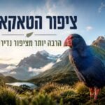 תמונת שער (Banner) אופקית, מעוצבת ומקצועית בעלת כותרות בעברית, המוקדשת לציפור הטאקאהה הניו זילנדית. בצד ימין, ציפור טאקאהה גדולה ומרשימה ניצבת בפרופיל צד שמאל על גבעה מכוסה צמחיית הרים אלפינית. הציפור מציגה נוצות בגוני כחול אינדיגו עמוק בחלק הקדמי, גב וירוק מטאלי בכנפיים, ומקור מסיבי ורחב בצבע אדום עז. בצד שמאל, על רקע שמיים בהירים ואור שקיעה זהוב ורך, מופיע כיתוב מעוצב וגדול בעברית בצבע כחול כהה: "ציפור הטקאאהה", ותחתיו קו הפרדה דק עם איור של עלה שרך (Silver Fern) וכותרת משנה בצבע ירוק-זית: "הרבה יותר מציפור נדירה". הרקע מציג עמק פראי ועצום עם אגם אלפיני כחול ורכסי הרים גבוהים ומושלגים.