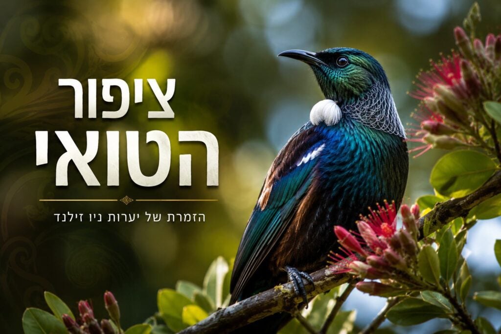 תמונת שער (Banner) אופקית, מעוצבת ומקצועית בעלת כותרות בעברית, המציגה ציפור מסוג טואי (Tui Bird) אנדמית לניו זילנד. בצד ימין, ציפור הטואי יושבת בפרופיל צד שמאל על ענף עץ פוהוטוקאווה, ומציגה נוצות בגוני ירוק מטאלי, כחול טורקיז וסגול עמוק, עם צווארון נוצות לבנות מסולסלות וציצית גרון לבנה ועגולה. לצדה נראים פרחי פוהוטוקאווה אדומים. בצד שמאל, על רקע ירוק-זהוב מטושטש ומעוטר בעדינות במוטיבים גיאומטריים מאוריים כהים, מופיע טקסט מעוצב בעברית: כותרת ראשית גדולה ובולטת בצבע לבן-שמנת עם הצללה, "ציפור הטואי", ותחתיה קו הפרדה מוזהב וכותרת משנה קטנה יותר, "הזמרת של יערות ניו זילנד".