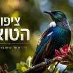 תמונת שער (Banner) אופקית, מעוצבת ומקצועית בעלת כותרות בעברית, המציגה ציפור מסוג טואי (Tui Bird) אנדמית לניו זילנד. בצד ימין, ציפור הטואי יושבת בפרופיל צד שמאל על ענף עץ פוהוטוקאווה, ומציגה נוצות בגוני ירוק מטאלי, כחול טורקיז וסגול עמוק, עם צווארון נוצות לבנות מסולסלות וציצית גרון לבנה ועגולה. לצדה נראים פרחי פוהוטוקאווה אדומים. בצד שמאל, על רקע ירוק-זהוב מטושטש ומעוטר בעדינות במוטיבים גיאומטריים מאוריים כהים, מופיע טקסט מעוצב בעברית: כותרת ראשית גדולה ובולטת בצבע לבן-שמנת עם הצללה, "ציפור הטואי", ותחתיה קו הפרדה מוזהב וכותרת משנה קטנה יותר, "הזמרת של יערות ניו זילנד".