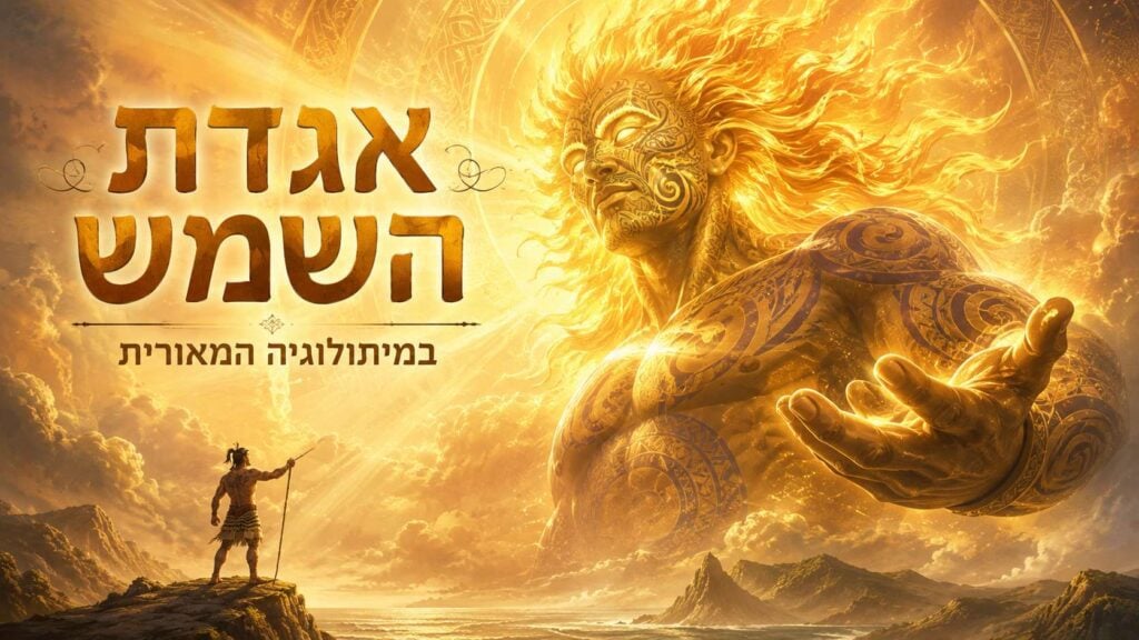 תצלום אופקי מרהיב, עוצמתי ודרמטי בגווני זהב ואש המציג את אגדת השמש במיתולוגיה המאורית. בצד ימין מופיעה דמותו הענקית והמפוארת של אל השמש (תאמה-נוי-טה-רא) עם שיער אש זוהר, קעקועי טה מוקו מאוריים מפורטים על פניו וגופו, וידו המושטת קדימה. בצד שמאל למטה עומד הגיבור המאורי מאואי על צוק סלעי, אוחז בחנית ומביט לעבר הענק הזוהר. במרכז הפריים משולבות הכותרות "אגדת השמש" באותיות זהב תלת-ממדיות בולטות, ומתחתיהן הכיתוב "במיתולוגיה המאורית".