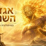 תצלום אופקי מרהיב, עוצמתי ודרמטי בגווני זהב ואש המציג את אגדת השמש במיתולוגיה המאורית. בצד ימין מופיעה דמותו הענקית והמפוארת של אל השמש (תאמה-נוי-טה-רא) עם שיער אש זוהר, קעקועי טה מוקו מאוריים מפורטים על פניו וגופו, וידו המושטת קדימה. בצד שמאל למטה עומד הגיבור המאורי מאואי על צוק סלעי, אוחז בחנית ומביט לעבר הענק הזוהר. במרכז הפריים משולבות הכותרות "אגדת השמש" באותיות זהב תלת-ממדיות בולטות, ומתחתיהן הכיתוב "במיתולוגיה המאורית".