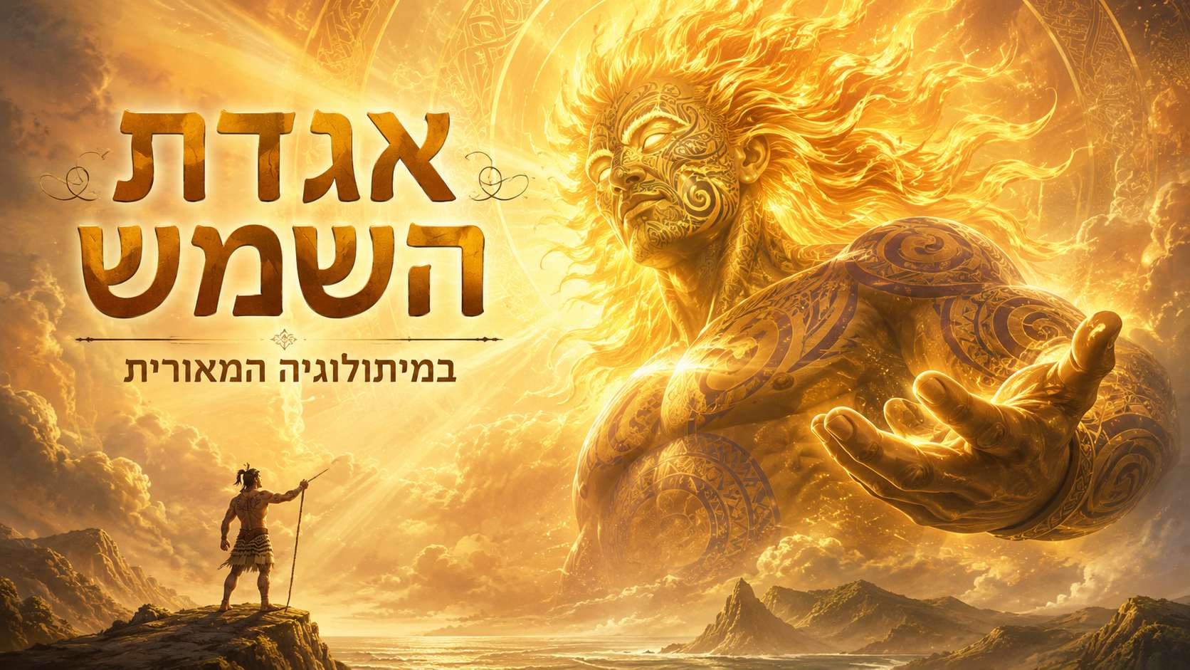 תצלום אופקי מרהיב, עוצמתי ודרמטי בגווני זהב ואש המציג את אגדת השמש במיתולוגיה המאורית. בצד ימין מופיעה דמותו הענקית והמפוארת של אל השמש (תאמה-נוי-טה-רא) עם שיער אש זוהר, קעקועי טה מוקו מאוריים מפורטים על פניו וגופו, וידו המושטת קדימה. בצד שמאל למטה עומד הגיבור המאורי מאואי על צוק סלעי, אוחז בחנית ומביט לעבר הענק הזוהר. במרכז הפריים משולבות הכותרות "אגדת השמש" באותיות זהב תלת-ממדיות בולטות, ומתחתיהן הכיתוב "במיתולוגיה המאורית".
